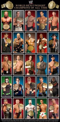 the wrestling world champions of all time poster with multiple photos and their names on them