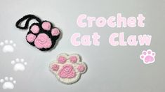 crochet cat claw with pink paw and black bag next to it on grey background