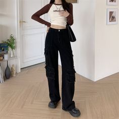 Product information: Fabric name: Denim Main fabric component: cotton Style: Overalls Pant length: Long pants Waist type: High waist Color: Black Size Information: Size: S/M/L/XL/XXL/3XL/4XL/5XL Unit: cm Note: 1. Asian sizes are 1 to 2 sizes smaller than European and American people. Choose the larger size if your size between two sizes. Please allow 2-3cm differences due to manual measurement. 2. Please check the size chart carefully before you buy the item, if you don't know how to choose size Washed Black Straight Leg Cargo Jeans With Side Pockets, Black Full-length Cargo Jeans, Black Full-length Cargo Jeans For Streetwear, Black High-waist Non-stretch Cargo Jeans, Black Non-stretch Cargo Jeans With Pockets, Overalls Pants, Black Cargo Pants, European Women, Black Cargo