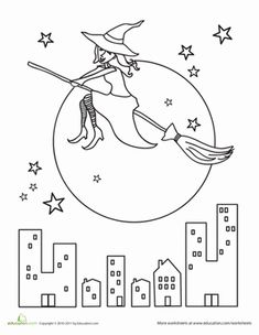 a witch flying over the city with her broom in hand and stars on it's back