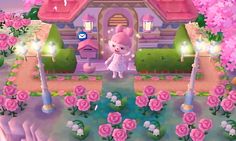 an animal crossing game with pink flowers in the background