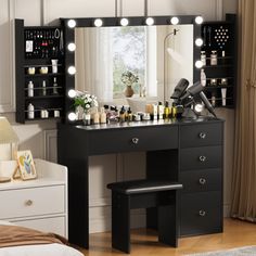 a vanity with lights on it in a bedroom