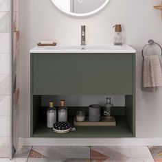 hackney 600mm wall mounted vanity unit with basin and open shelf earthy green Modern Washroom, Green Vanity, Drawer Vanity, Mounted Vanity, Inset Basin, Earthy Green, Basin Mixer Taps