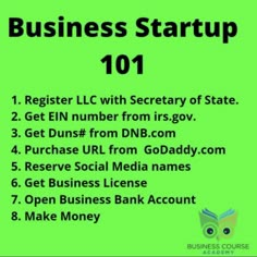 a green poster with the words business start up 101