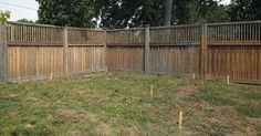 a fenced in yard with trees and grass on the ground next to each other