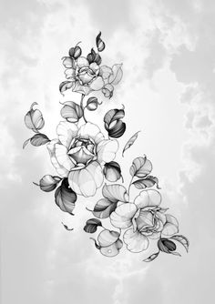 black and white photograph of flowers in the sky