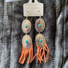 Orange Fringe Concho Earrings. Very Very Lightweight Orange Dangle Jewelry For Spring, Spring Orange Drop Earrings, Bohemian Orange Earrings For Spring, Bohemian Orange Jewelry For Spring, Orange Festival Earrings For Pierced Ears, Nickel-free Orange Earrings For Festival, Summer Orange Nickel-free Earrings, Arrowhead Earrings, Concho Earrings