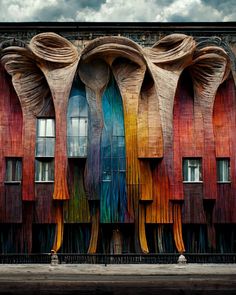 an artistic building with multiple colors on the side and large wooden sculptures in front of it