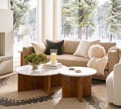 a living room filled with furniture and a fire place in front of a large window