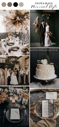 a collage of photos with different wedding themes and colors, including black, white, gold, and grey