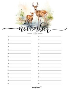 a printable calendar with two deers and the words, november to december on it