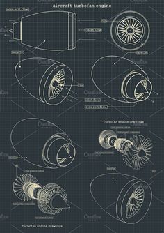 a blueprinted drawing of an aircraft engine and its parts, including the rotors