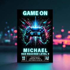 a flyer for a game on event with an image of a video game controller in the background