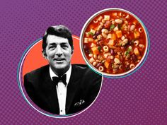 a man in a suit and tie is next to a bowl of soup with vegetables