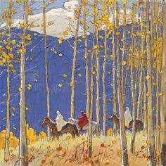 two people riding horses through a forest with mountains in the background and yellow leaves on the trees