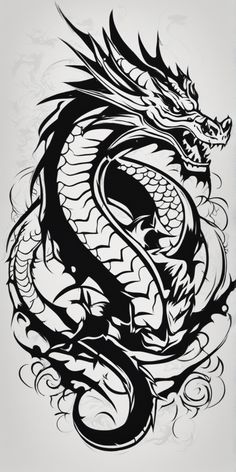 a black and white drawing of a dragon