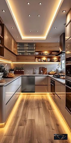 a modern kitchen with wooden floors and lighting