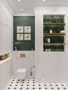 a bathroom with green and white walls, black and white checkered tile flooring