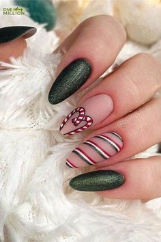 Embrace festive cheer with cheerful green and candy-themed nails, perfect for the holidays.#WinterNailIdeas #StunningNails #NailInspiration #WinterNailTrends #NailArtGoals #ChicNails #NailDesigns #WinterBeauty #NailObsession Christmas Nail Designs Easy, Nail Art Noel, Christmas Nails Diy, Festive Nail Art, Holiday Nail Designs, Cute Christmas Nails, Christmas Nails Easy, Christmas Gel Nails, Christmas Nails Acrylic