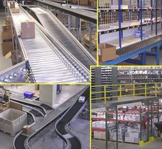 several pictures of the inside of a warehouse with conveyor belt and boxes on shelves