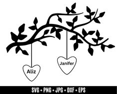 two hearts hanging from a tree branch with names