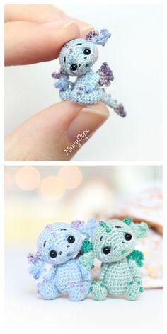 there are two small crocheted animals in the same photo, one is blue and one is green