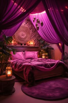 A medium-sized boho-chic bedroom with a mystical magenta and cream color scheme, featuring eclectic furniture, a canopy bed with a plush blanket, mandala art, and lantern lighting, creating a magical and romantic atmosphere. Future Apartment Decor, Bedroom Decor Inspiration, Cozy Room Decor, Apartment Decor Inspiration, Dream Room Inspiration, Room Makeover Bedroom, Decor Aesthetic