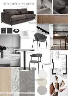 a collage of photos with furniture and decor in grey, white and brown tones