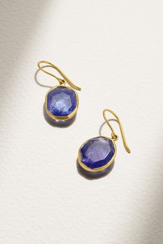 Pippa Small's jewelry is crafted by artisans from across the globe - these earrings were hand-carved at a small workshop in Sanganer, India. They're cast from 18-karat gold and set with faceted tanzanite stones, which move gently with every step. Oval Tanzanite Gemstone Earrings, Luxury Round Tanzanite Earrings, Handmade Elegant Tanzanite Jewelry, Fine Jewelry Tanzanite Earrings For Gift, Tanzanite Round Earrings As Gifts, Round Tanzanite Earrings Gift, Round Tanzanite Earrings For Gifts, Tanzanite Teardrop Earrings As A Gift, Elegant Handmade Tanzanite Jewelry