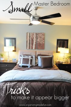 a bedroom with a ceiling fan and bed