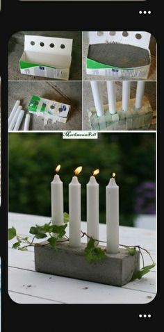 four candles are arranged in the shape of rectangles with toothbrushes on them