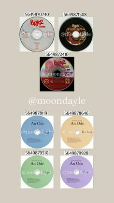 various cd's are shown with the same disc size and color scheme on them