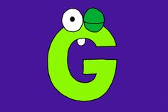 the letter g with eyes and nose drawn on it's upper half, in green