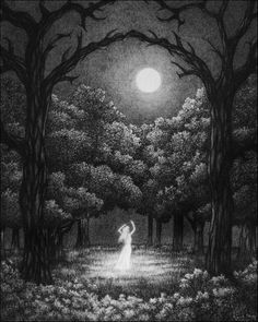 a black and white drawing of a woman standing in the woods under a full moon