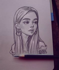 a pencil drawing of a girl with long hair and earrings on her head, looking to the side