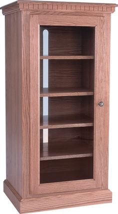 an oak bookcase with glass doors on the front and bottom shelves, made out of wood