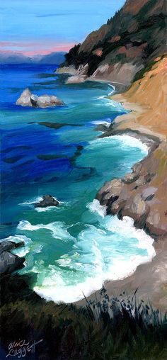 an oil painting of the ocean and beach