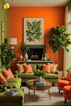 an orange and green living room with couches, chairs, coffee table and potted plants