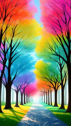 a painting of trees with colorful sky in the background