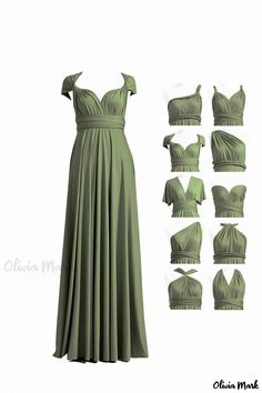 a woman in a green dress with different angles