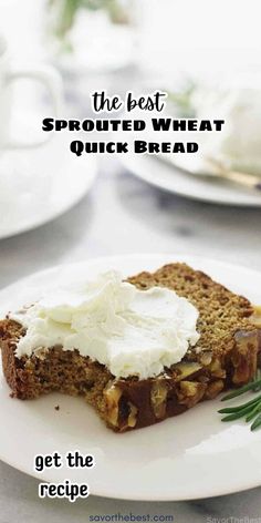 the best sprouted wheat quick bread with cream on top and rosemary garnish