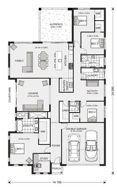 the floor plan for a two story house with three car spaces and one living area