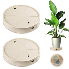 two white round planters sitting next to a potted plant on top of each other