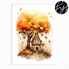 a watercolor painting of a tree with a house in the middle and lanterns hanging from it