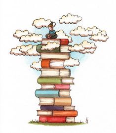 a drawing of a person sitting on top of a stack of books with clouds above them