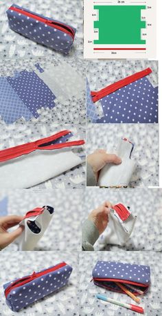 the instructions for how to sew a zippered pencil case with polka dot fabric