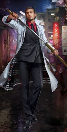 a man in a suit and tie holding two swords