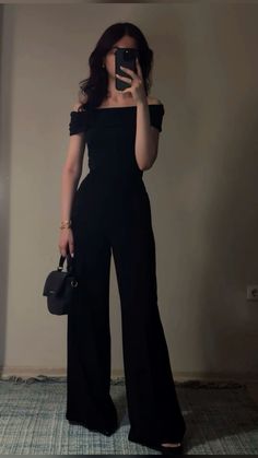 Cool Girl Date Outfit, Ootd Ideas Classy, Grad Guest Outfit Simple, Black Jumpsuit Aesthetic, Suits Inspired Outfits For Women, Pants Fancy Outfit, Classy Work Party Outfit, Girly Dinner Outfit, Professional Black Outfits Women