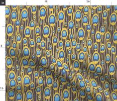 a blue and yellow fabric with circles on it