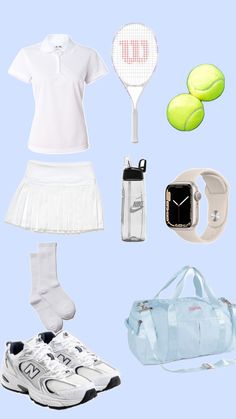 a tennis outfit and accessories are arranged on a blue background